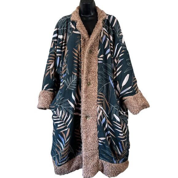 Sseko Designs Noonday Collection Reversible Sherpa Coat, Beige and Bwindi - Picture 2 of 13